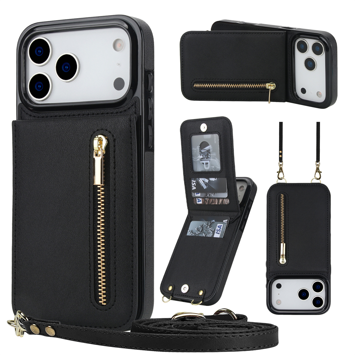 Leather Wallet Card Holder Phone Cover - Crossbody zíper carteira titular do cartão