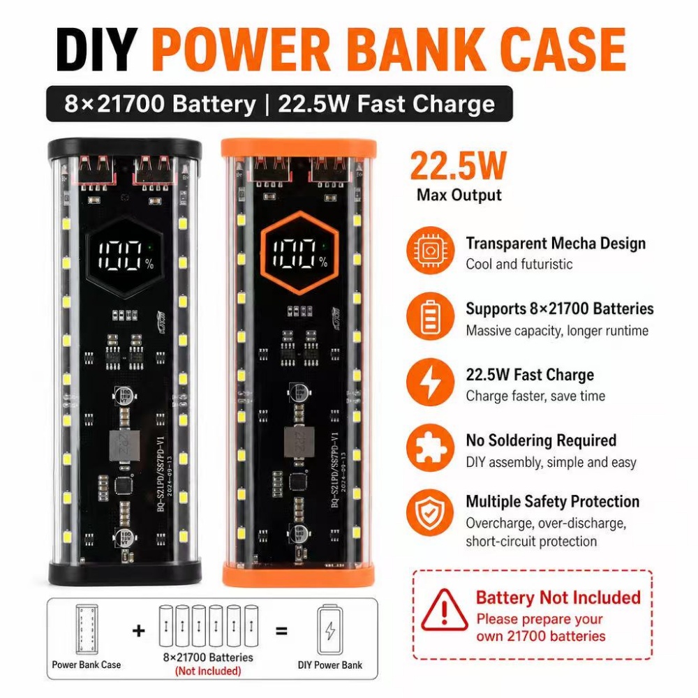 Power Banks - Caixa para Baterias 8*21700 com Carregamento