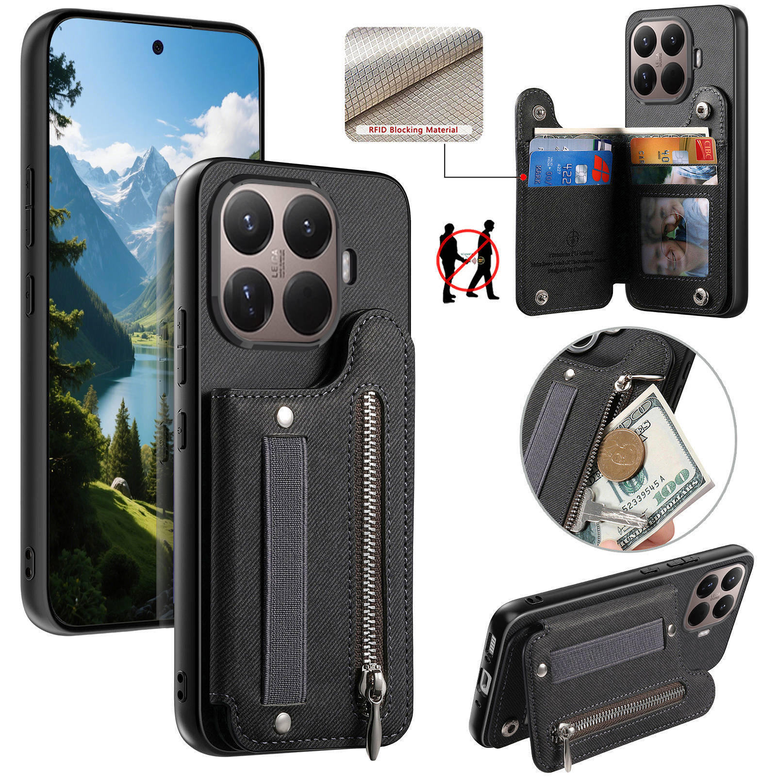 Leather Wallet Card Holder Phone Cover - Capa de Couro Antichoque com Zíper